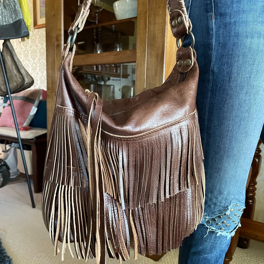 Brown leather fringe purse handmade from Japan